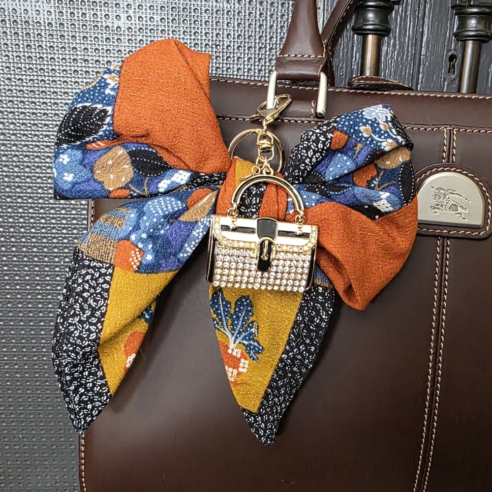 Colorful Vintage Scarf Bow Bag Charm With Jeweled Mini Purse Accessory